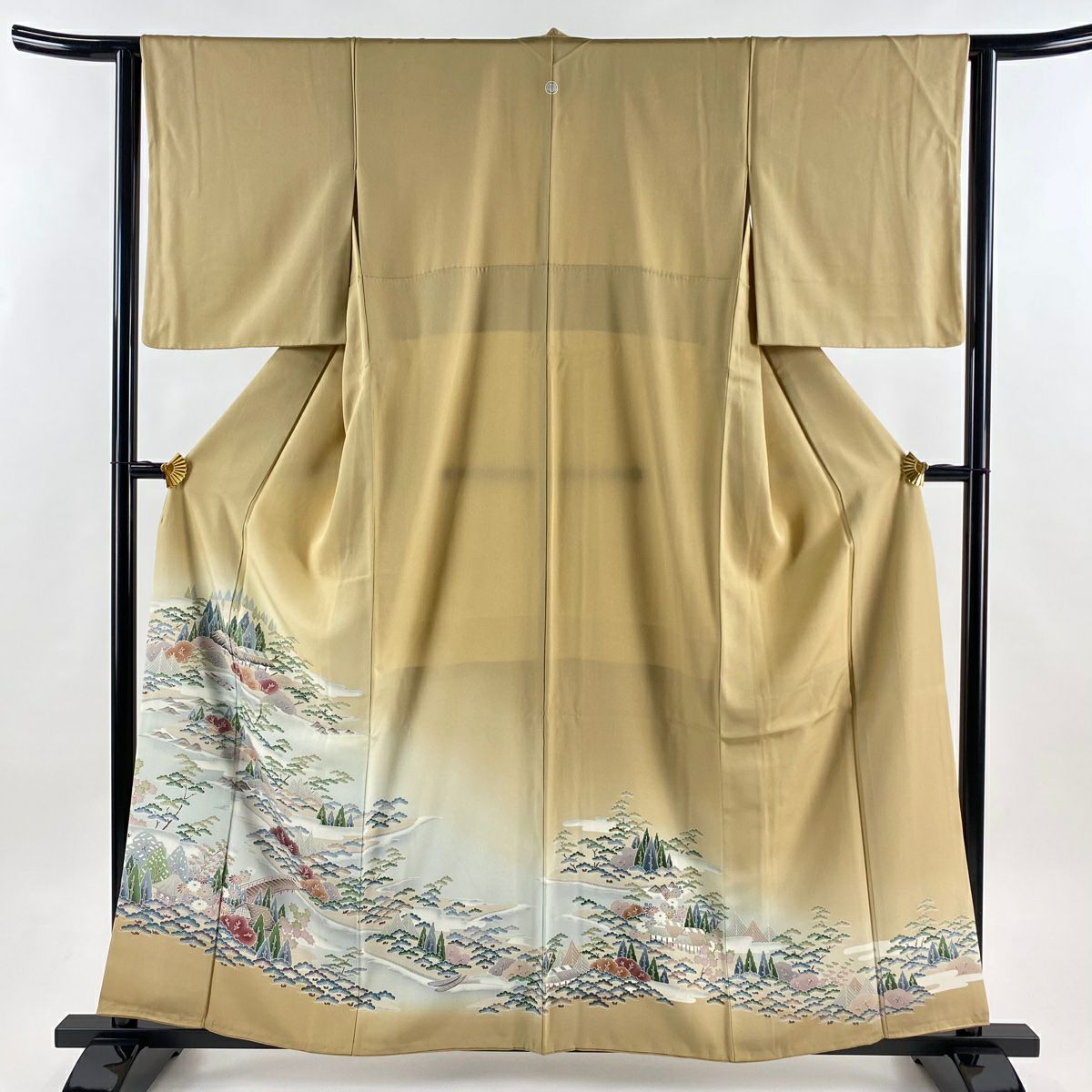 色留袖禮服 身長159cm 袖長63.5cm S 雙層 風景 樹木 漸層 米色 純蠶絲 秀品級 一つ紋
