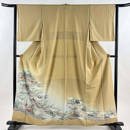 色留袖禮服 身長159cm 袖長63.5cm S 雙層 風景 樹木 漸層 米色 純蠶絲 秀品級 一つ紋