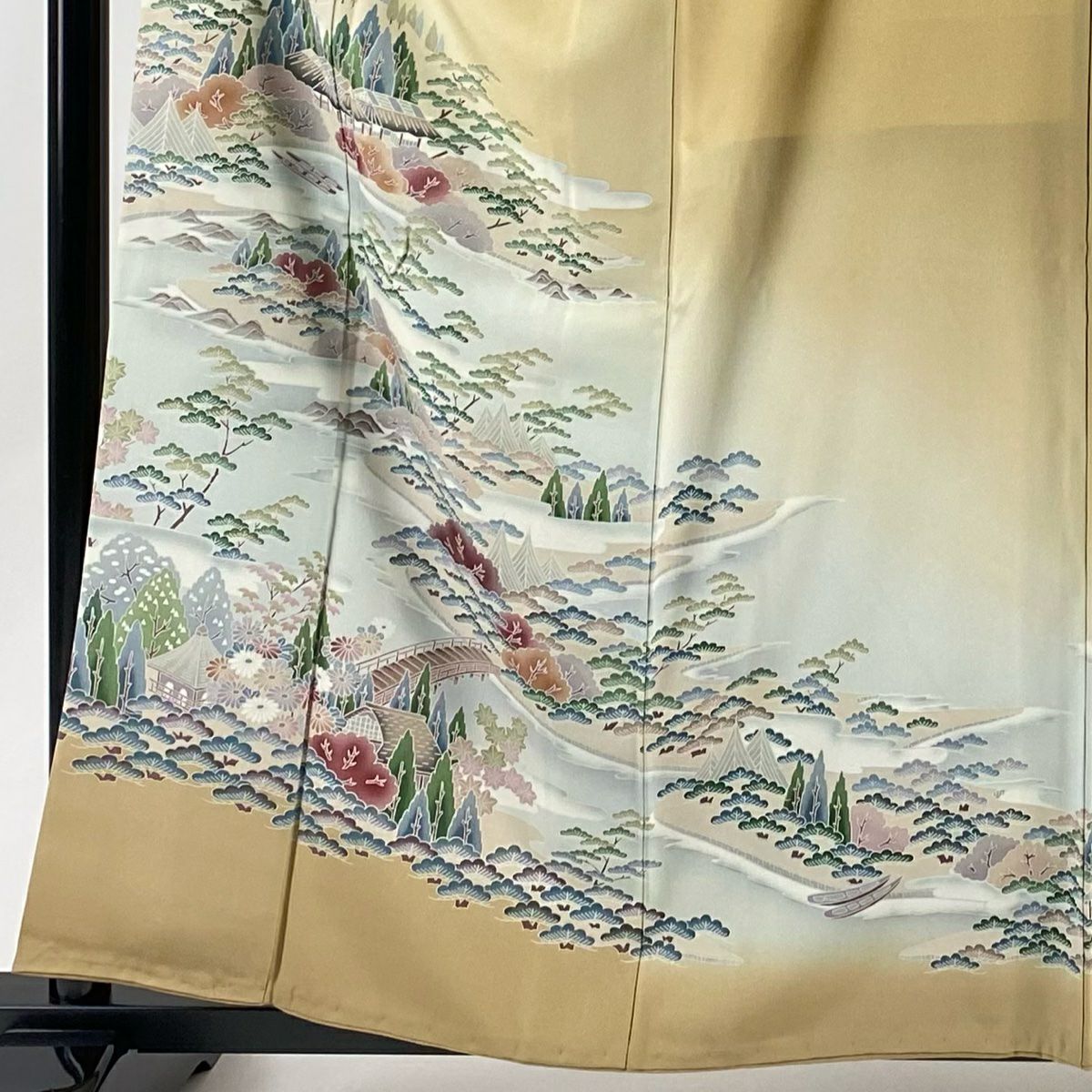 色留袖禮服 身長159cm 袖長63.5cm S 雙層 風景 樹木 漸層 米色 純蠶絲 秀品級 一つ紋