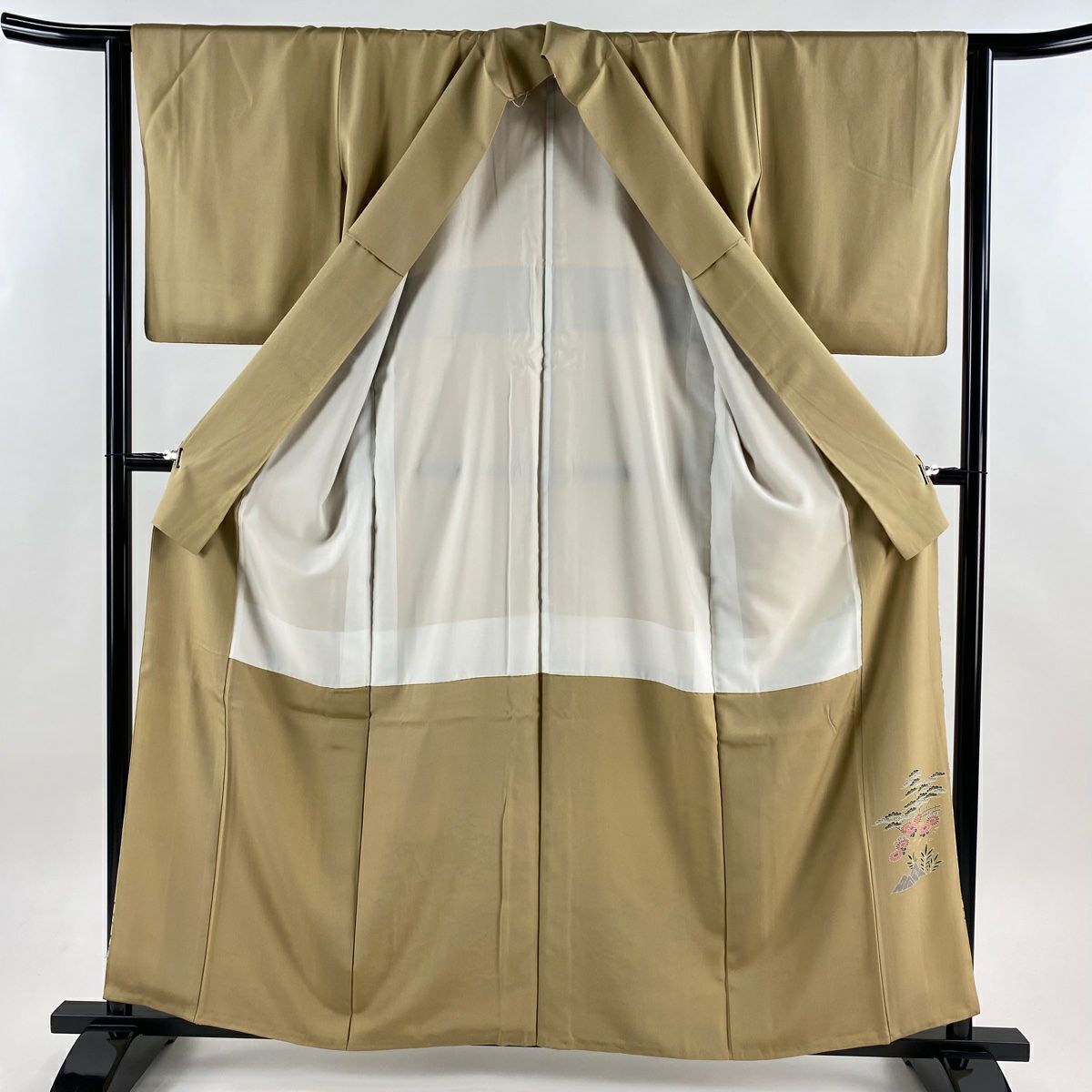 色留袖禮服 身長159cm 袖長63.5cm S 雙層 風景 樹木 漸層 米色 純蠶絲 秀品級 一つ紋