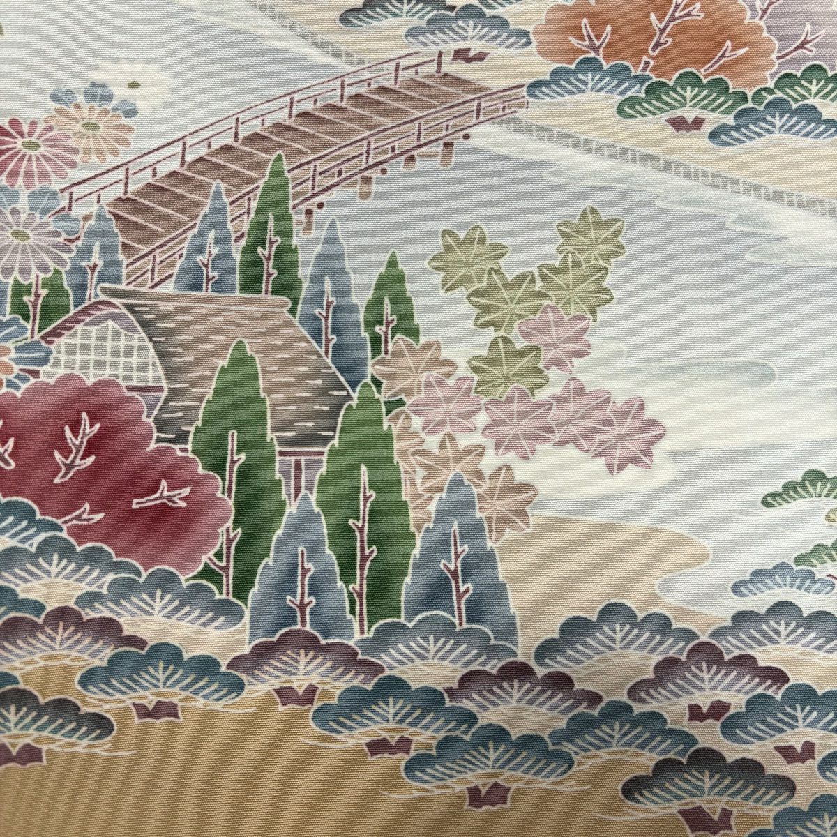 色留袖禮服 身長159cm 袖長63.5cm S 雙層 風景 樹木 漸層 米色 純蠶絲 秀品級 一つ紋