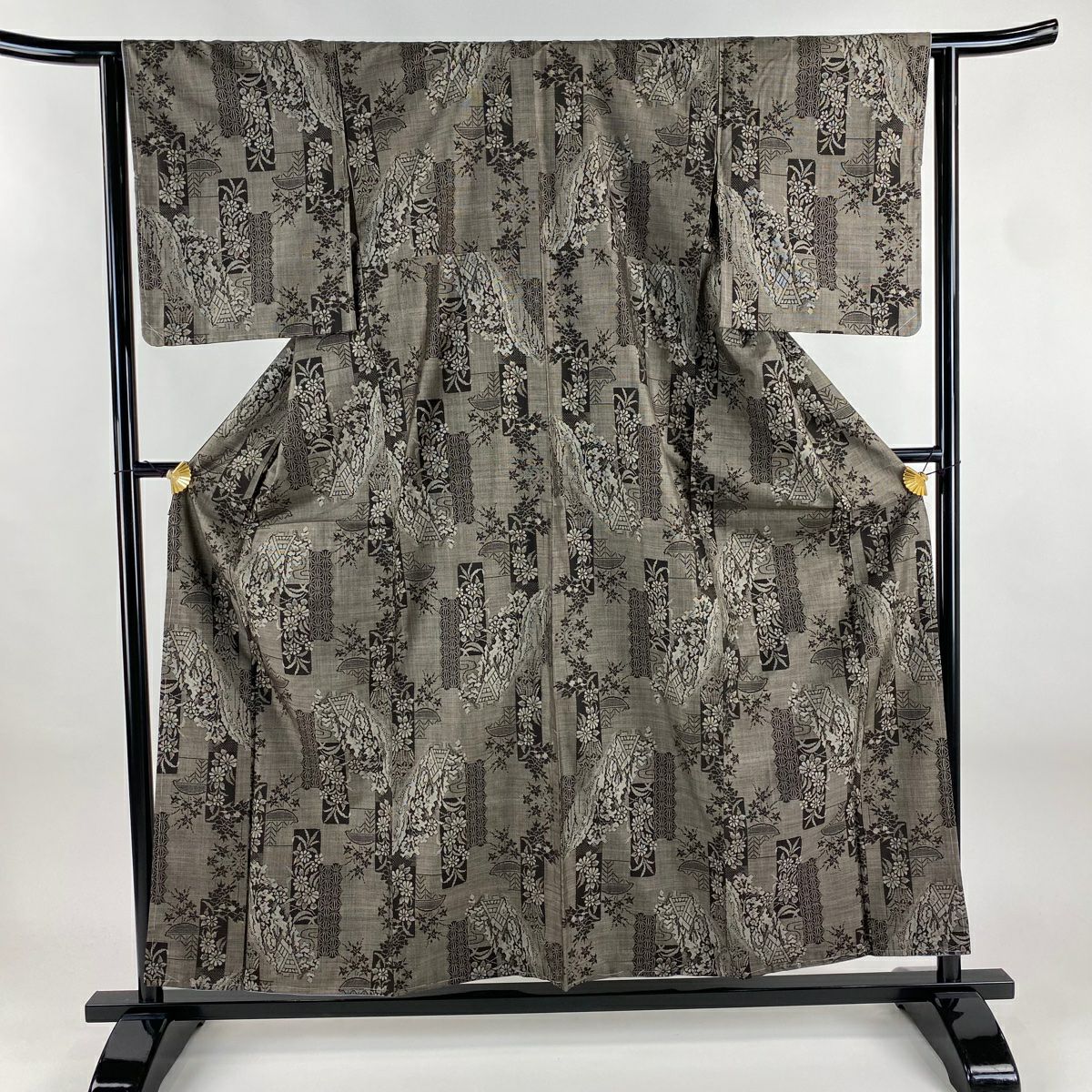 【美品】 紬織 身長158.5cm 袖長64cm M 雙層 草花紋紋 家屋 焦茶 純蠶絲 秀品級