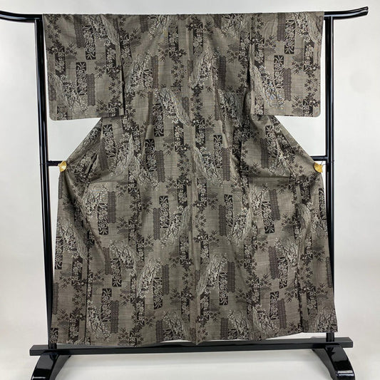 【美品】 紬織 身長158.5cm 袖長64cm M 雙層 草花紋紋 家屋 焦茶 純蠶絲 秀品級