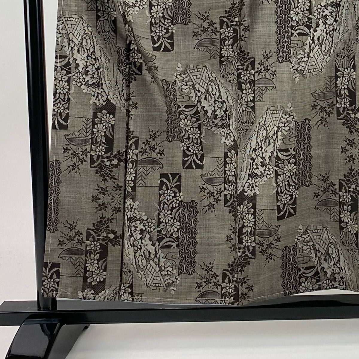 【美品】 紬織 身長158.5cm 袖長64cm M 雙層 草花紋紋 家屋 焦茶 純蠶絲 秀品級