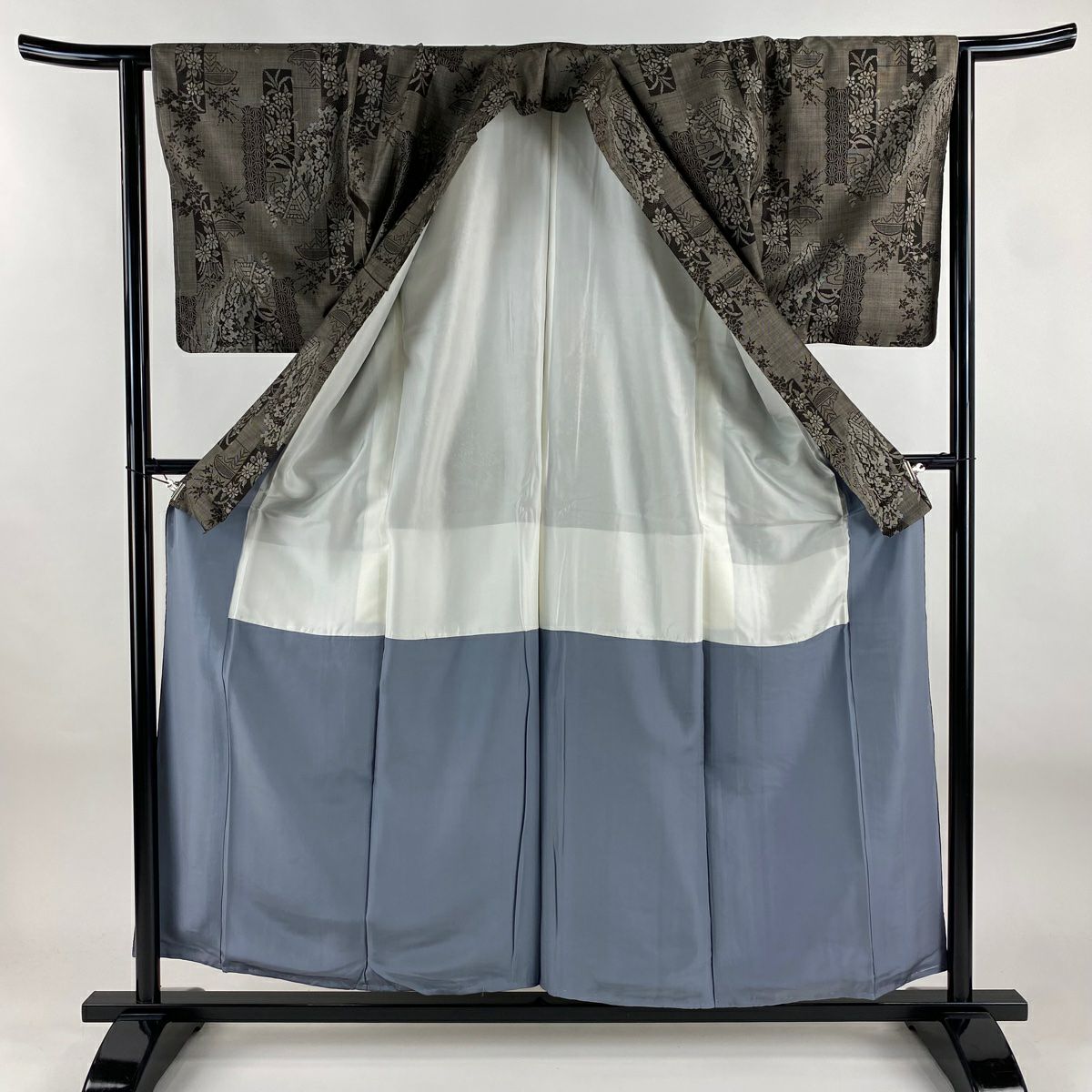 【美品】 紬織 身長158.5cm 袖長64cm M 雙層 草花紋紋 家屋 焦茶 純蠶絲 秀品級