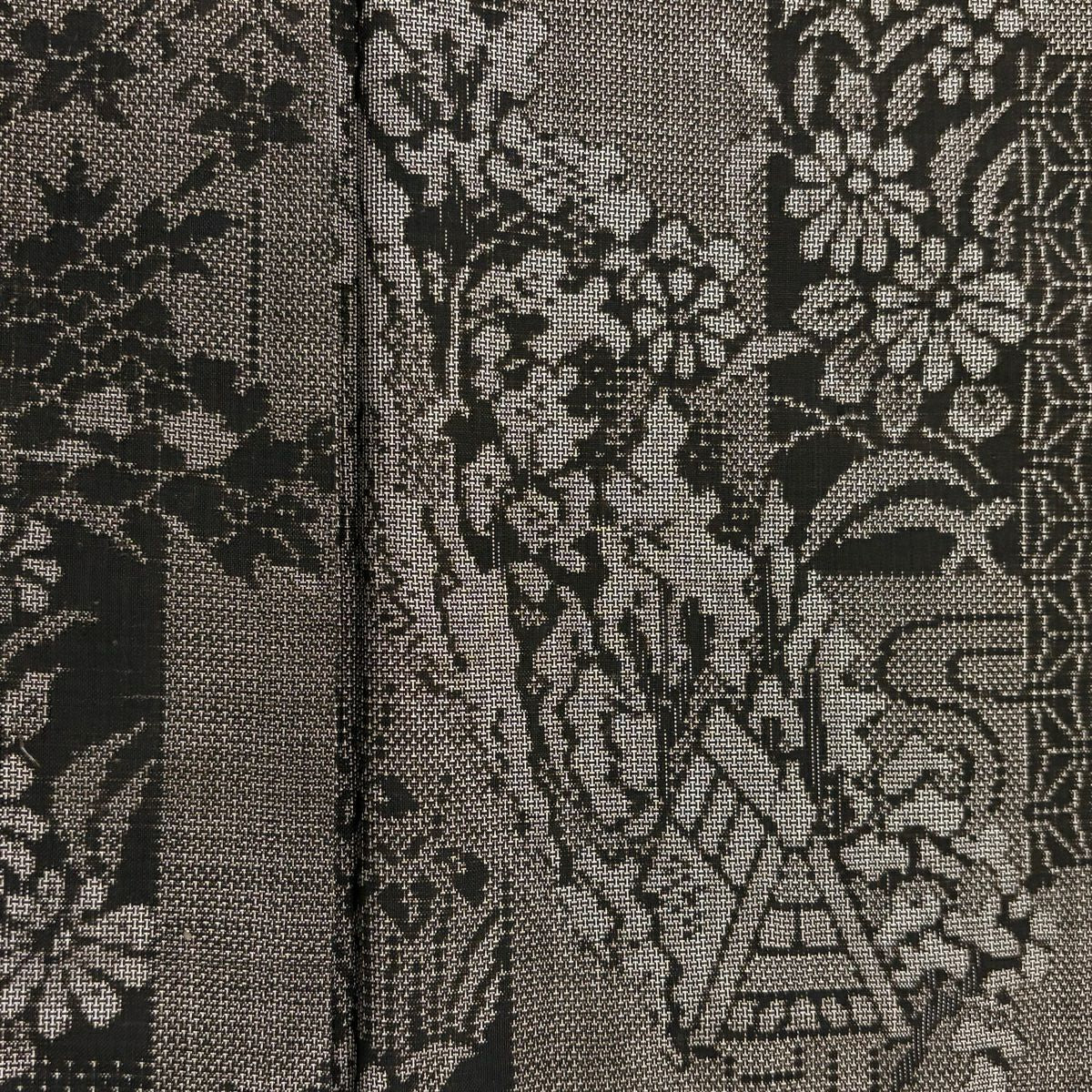 【美品】 紬織 身長158.5cm 袖長64cm M 雙層 草花紋紋 家屋 焦茶 純蠶絲 秀品級