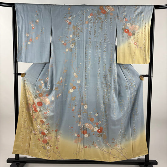 訪問服 身長153cm 袖長65cm M 雙層 扇子面 菊花 花刺繡 金彩裝飾 水色 純蠶絲 秀品級
