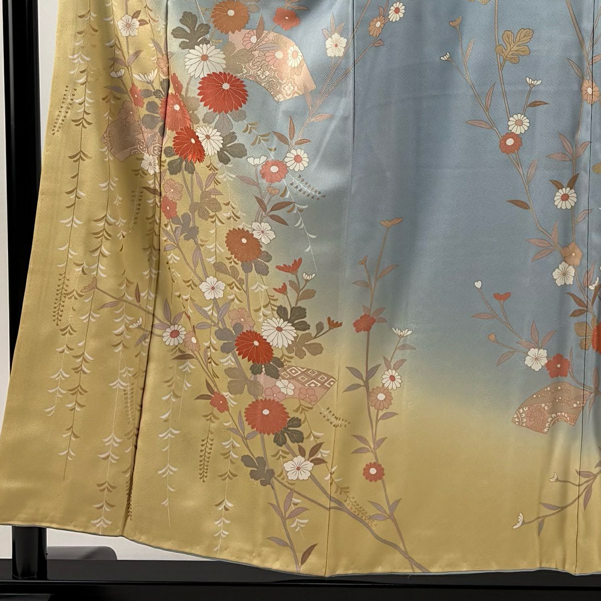 訪問服 身長153cm 袖長65cm M 雙層 扇子面 菊花 花刺繡 金彩裝飾 水色 純蠶絲 秀品級
