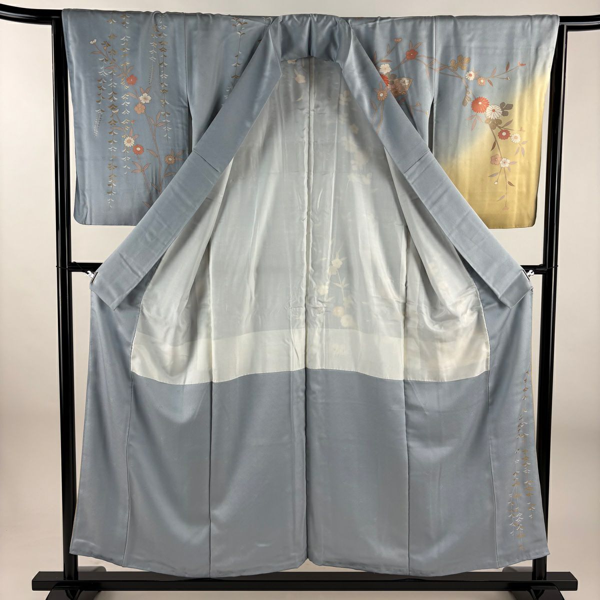訪問服 身長153cm 袖長65cm M 雙層 扇子面 菊花 花刺繡 金彩裝飾 水色 純蠶絲 秀品級