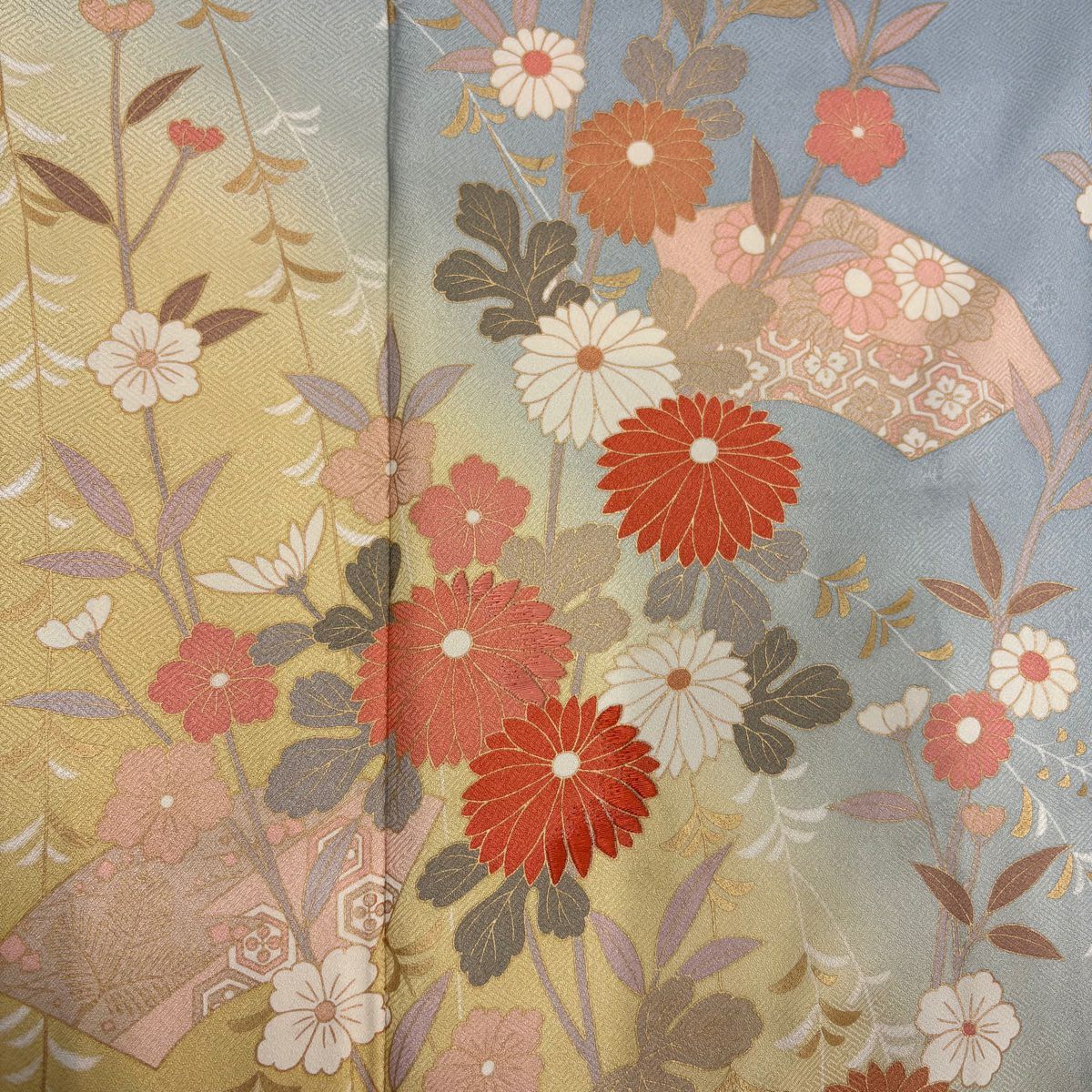 訪問服 身長153cm 袖長65cm M 雙層 扇子面 菊花 花刺繡 金彩裝飾 水色 純蠶絲 秀品級