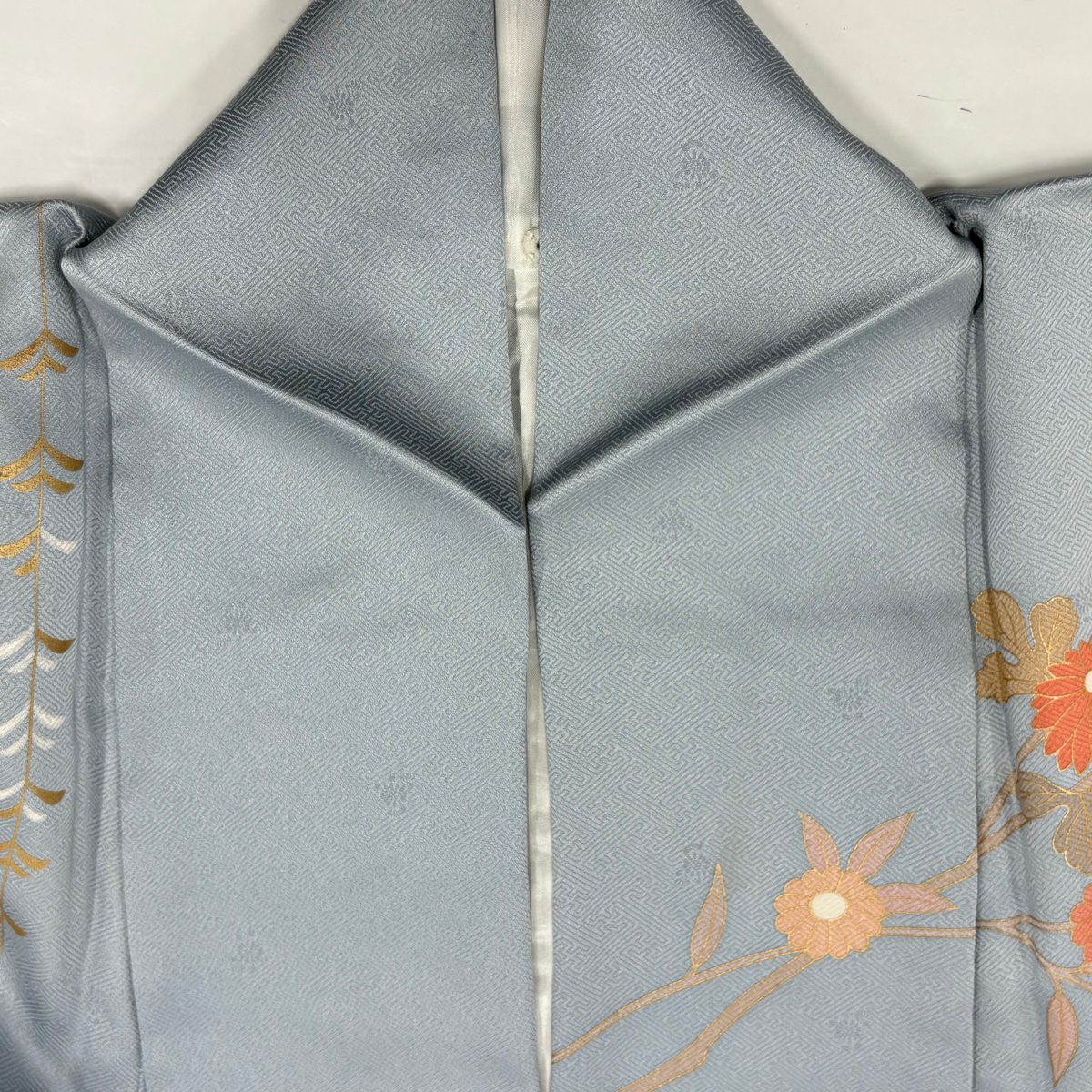 訪問服 身長153cm 袖長65cm M 雙層 扇子面 菊花 花刺繡 金彩裝飾 水色 純蠶絲 秀品級