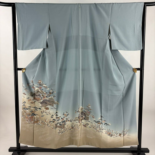 色留袖禮服 身長154cm 袖長63.5cm S 雙層 寶盡くし 家屋 刺繡 金絲 水色 純蠶絲 秀品級 一つ紋