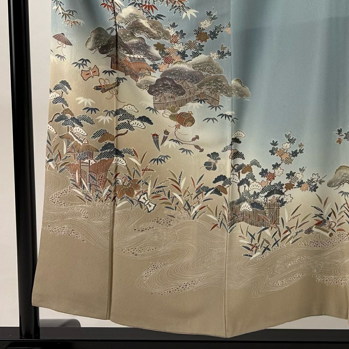 色留袖禮服 身長154cm 袖長63.5cm S 雙層 寶盡くし 家屋 刺繡 金絲 水色 純蠶絲 秀品級 一つ紋