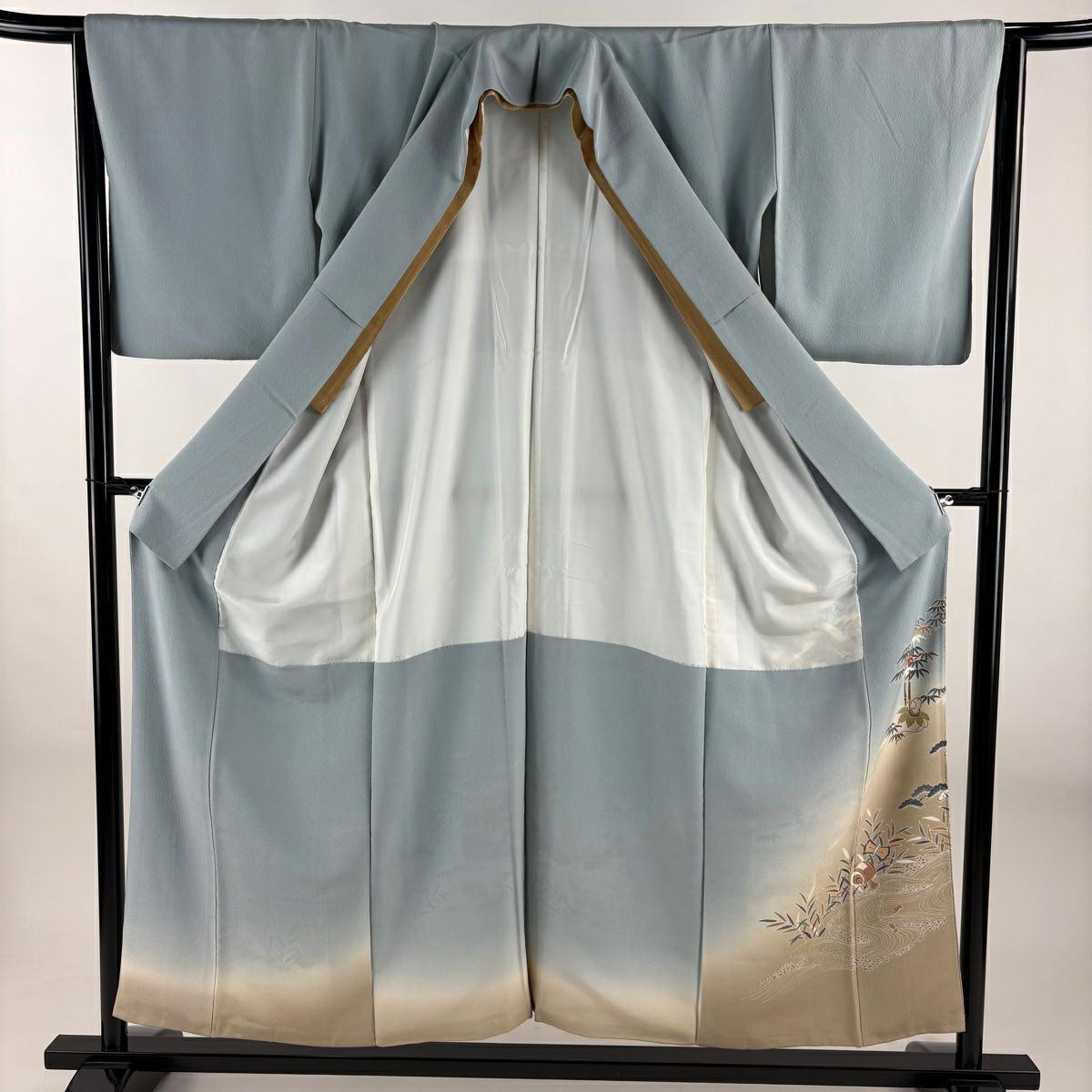 色留袖禮服 身長154cm 袖長63.5cm S 雙層 寶盡くし 家屋 刺繡 金絲 水色 純蠶絲 秀品級 一つ紋