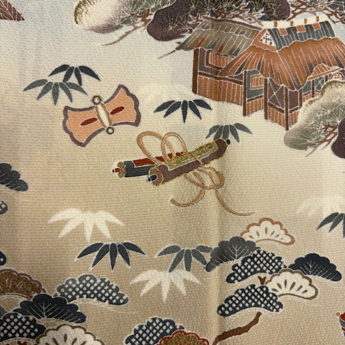 色留袖禮服 身長154cm 袖長63.5cm S 雙層 寶盡くし 家屋 刺繡 金絲 水色 純蠶絲 秀品級 一つ紋