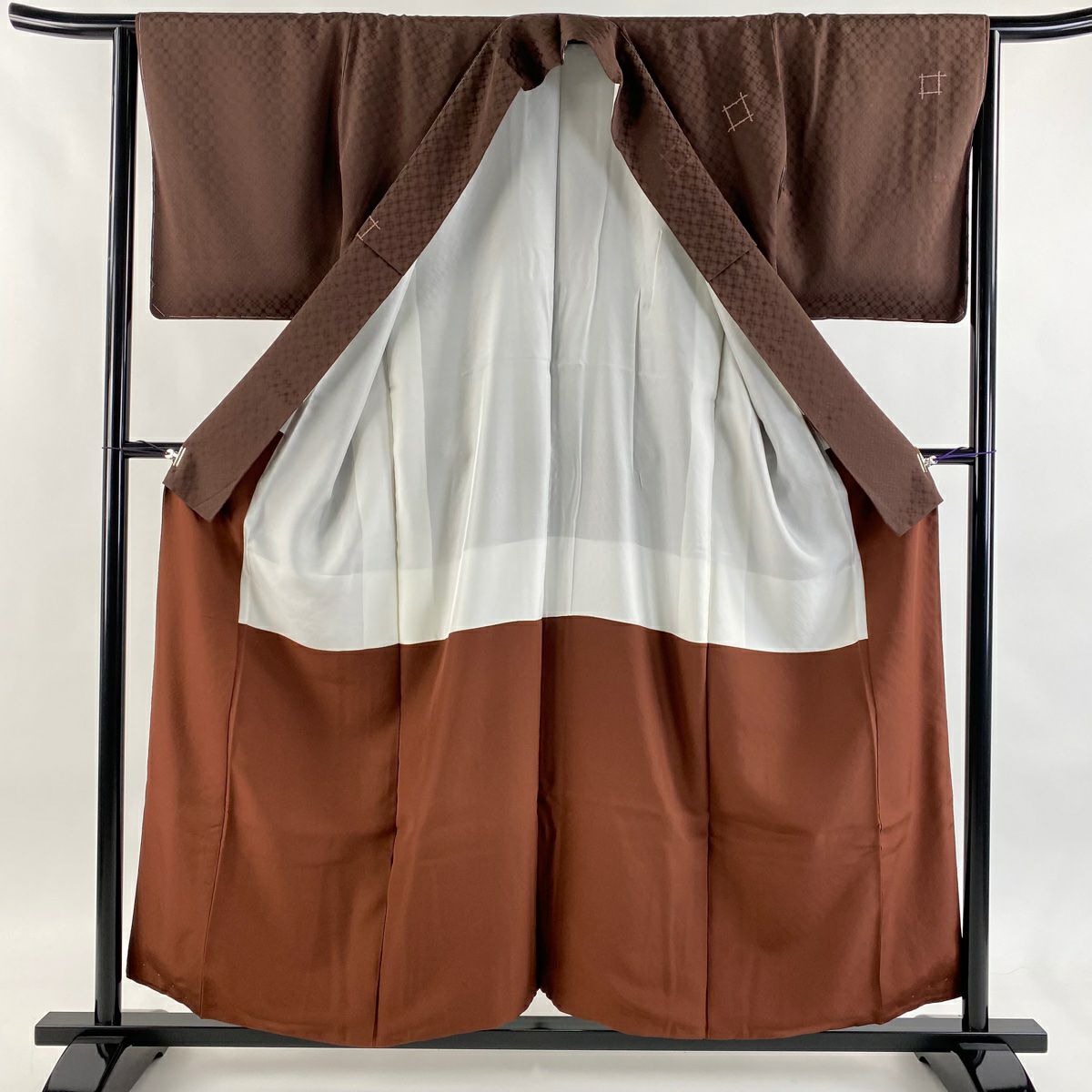 【美品】 小紋 身長157cm 袖長65cm M 雙層 幾何學圖案 焦茶 純蠶絲 秀品級