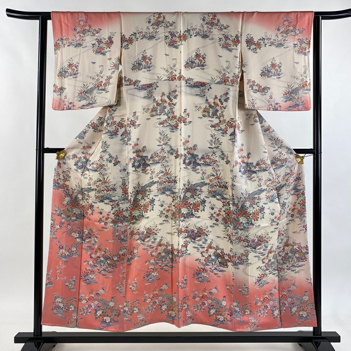 訪問服 身長152cm 袖長62.5cm S 雙層 草花紋紋 家屋 染分 粉紅 純蠶絲 優品級