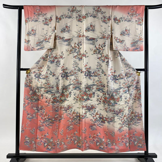 訪問服 身長152cm 袖長62.5cm S 雙層 草花紋紋 家屋 染分 粉紅 純蠶絲 優品級