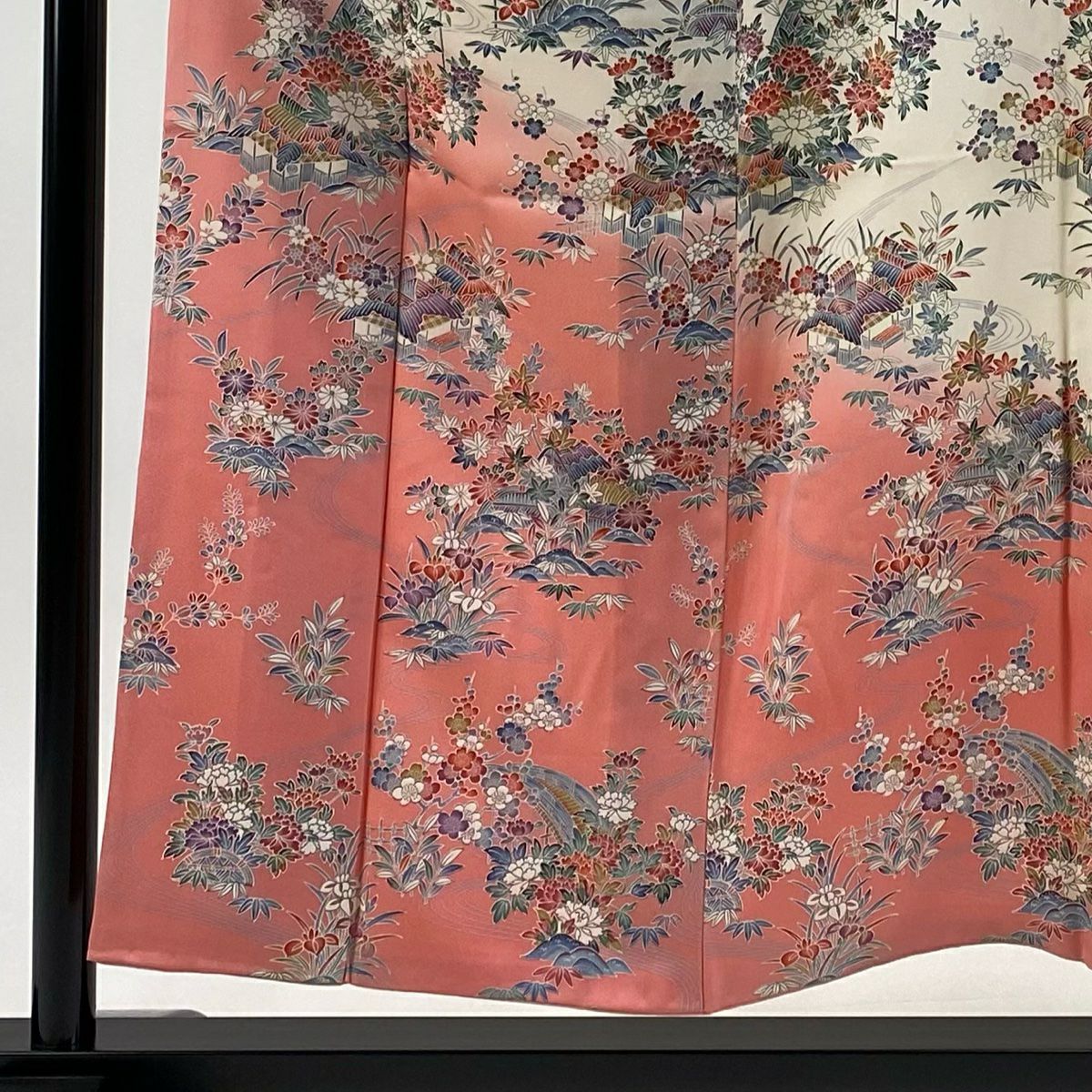 訪問服 身長152cm 袖長62.5cm S 雙層 草花紋紋 家屋 染分 粉紅 純蠶絲 優品級