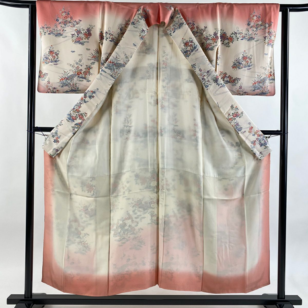訪問服 身長152cm 袖長62.5cm S 雙層 草花紋紋 家屋 染分 粉紅 純蠶絲 優品級