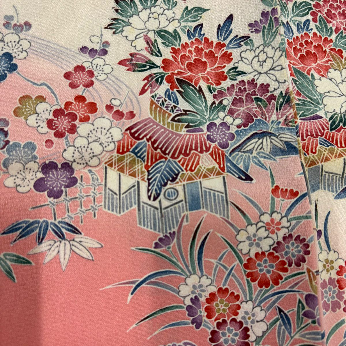 訪問服 身長152cm 袖長62.5cm S 雙層 草花紋紋 家屋 染分 粉紅 純蠶絲 優品級