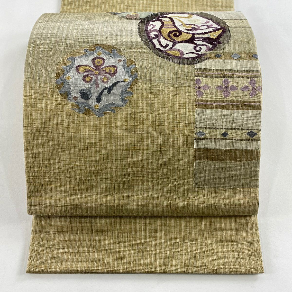 【美品】 袋帶 秀品級 紬織織 鳥 草花紋 金銀彩 米色 大鼓圖案 純蠶絲