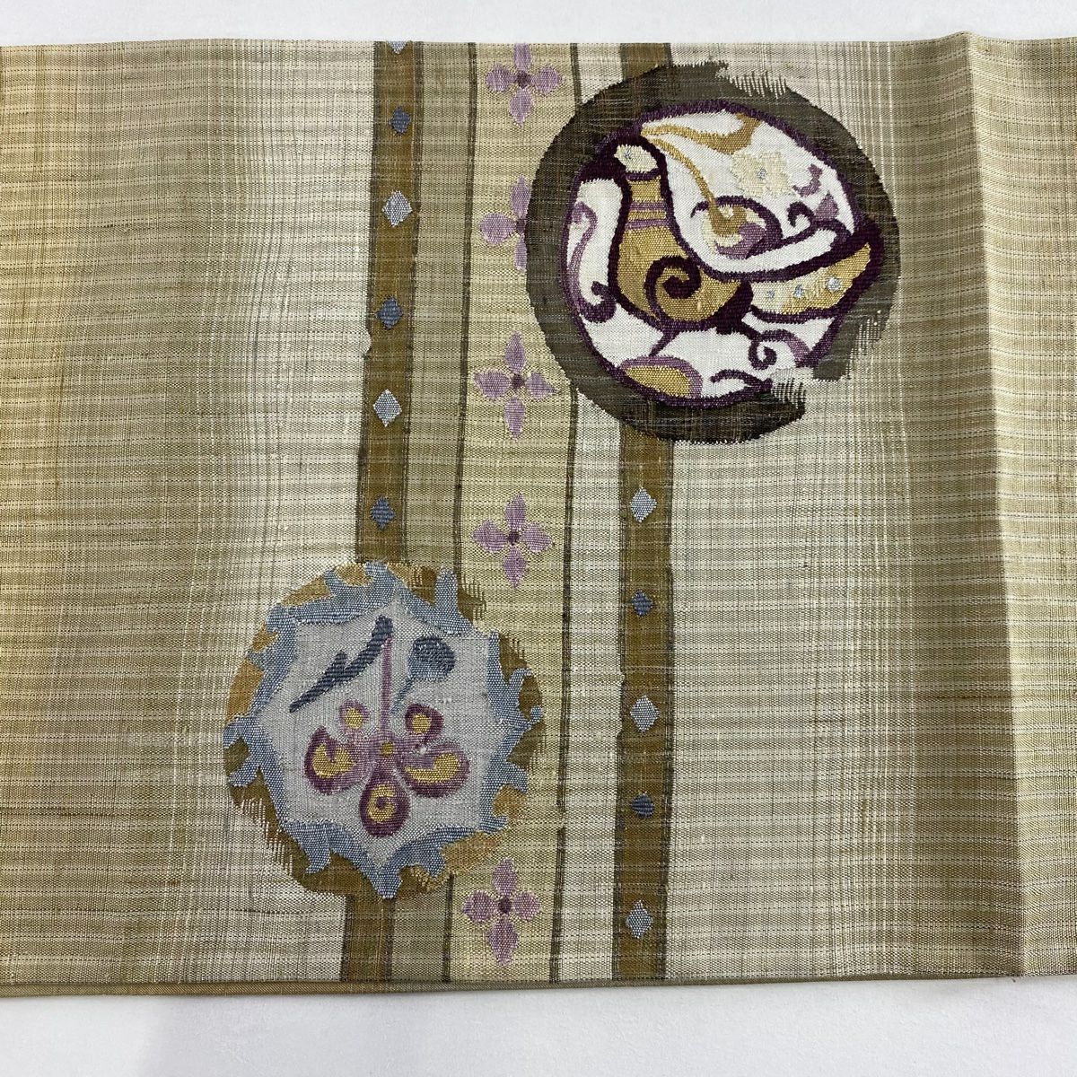 【美品】 袋帶 秀品級 紬織織 鳥 草花紋 金銀彩 米色 大鼓圖案 純蠶絲