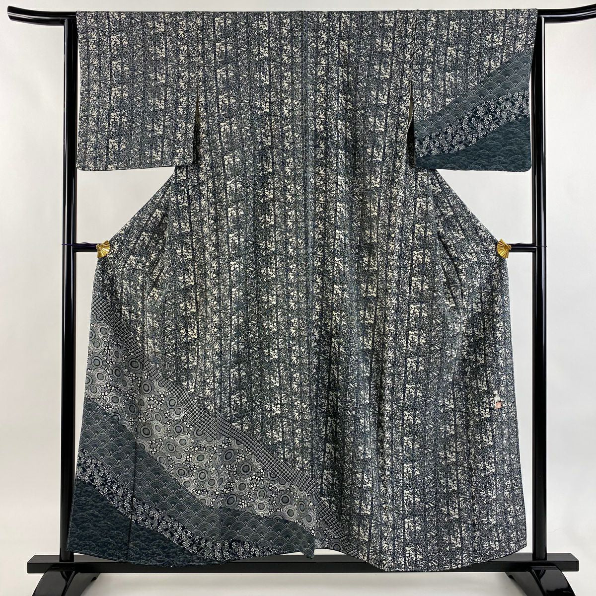 【美品】 付下 身長155cm 袖長65cm M 雙層 落款あり 菊花圖案 青海波 深綠 純蠶絲 秀品級