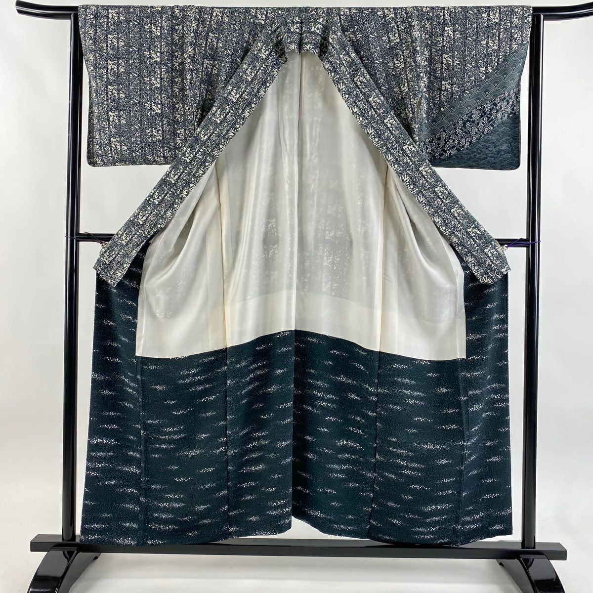 【美品】 付下 身長155cm 袖長65cm M 雙層 落款あり 菊花圖案 青海波 深綠 純蠶絲 秀品級