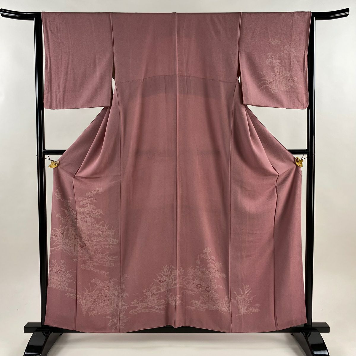 付下 身長159.5cm 袖長64cm M 雙層 落款 松樹竹子梅花 家屋 粉紅 純蠶絲 優品級