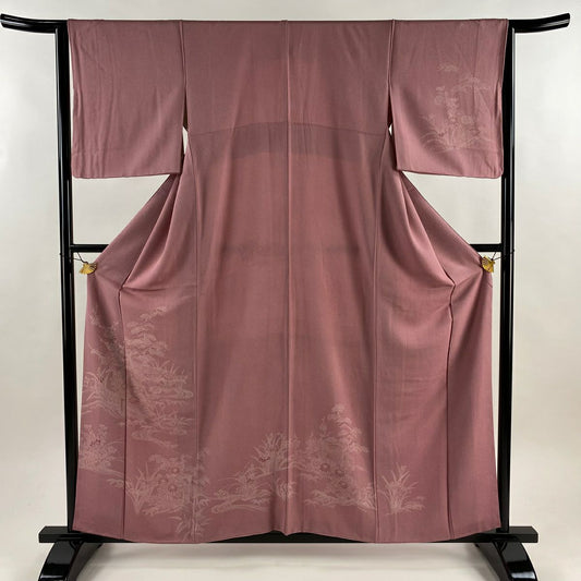 付下 身長159.5cm 袖長64cm M 雙層 落款 松樹竹子梅花 家屋 粉紅 純蠶絲 優品級