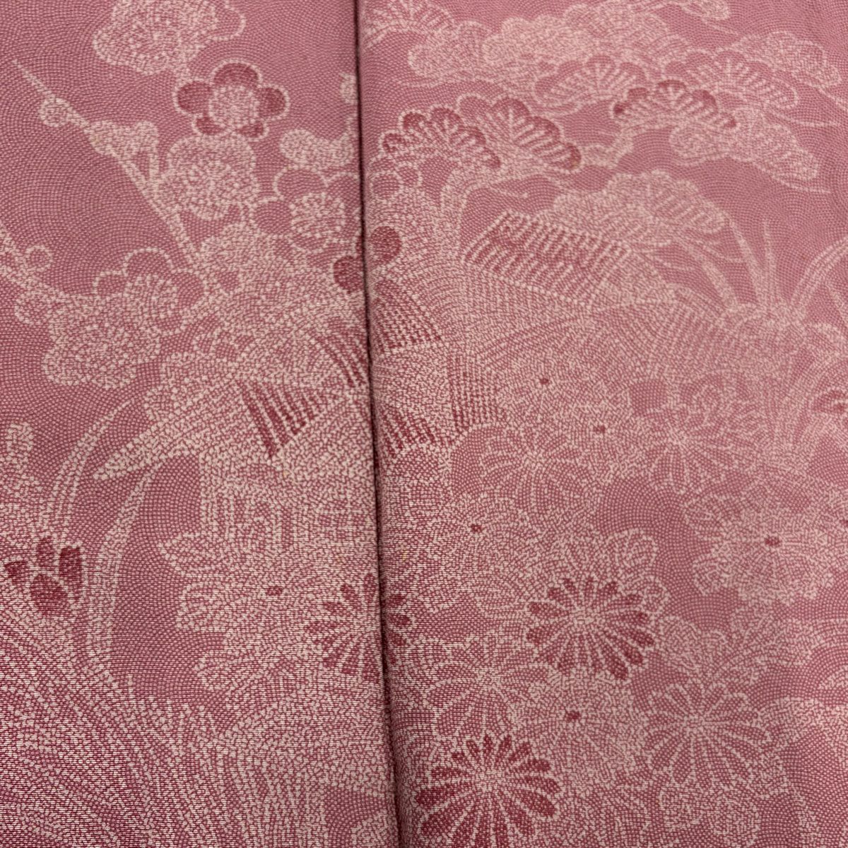 付下 身長159.5cm 袖長64cm M 雙層 落款 松樹竹子梅花 家屋 粉紅 純蠶絲 優品級