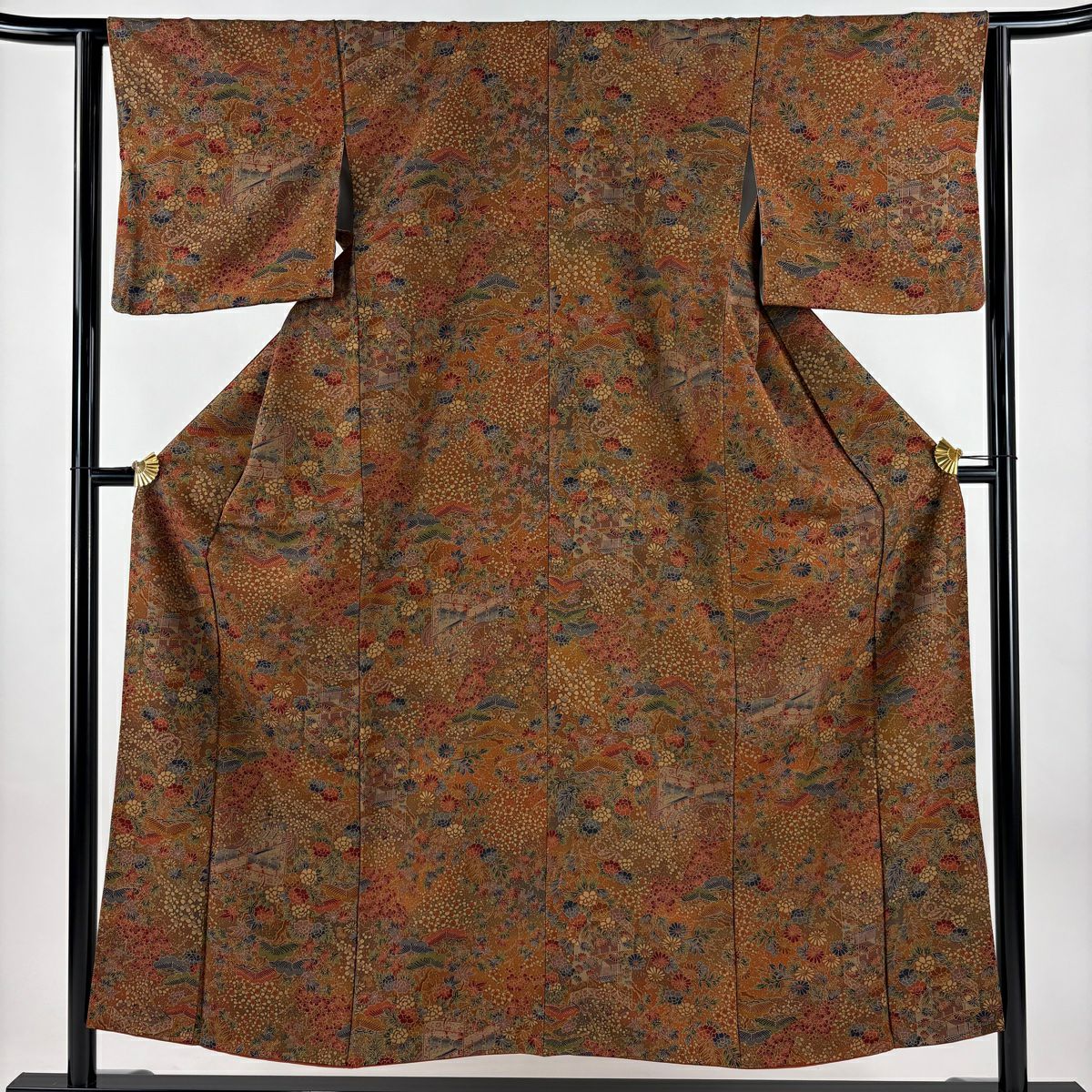 【美品】 小紋 身長153cm 袖長63cm S 雙層 御所車 草花紋 紅茶 純蠶絲 優品級