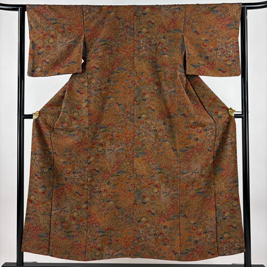 【美品】 小紋 身長153cm 袖長63cm S 雙層 御所車 草花紋 紅茶 純蠶絲 優品級