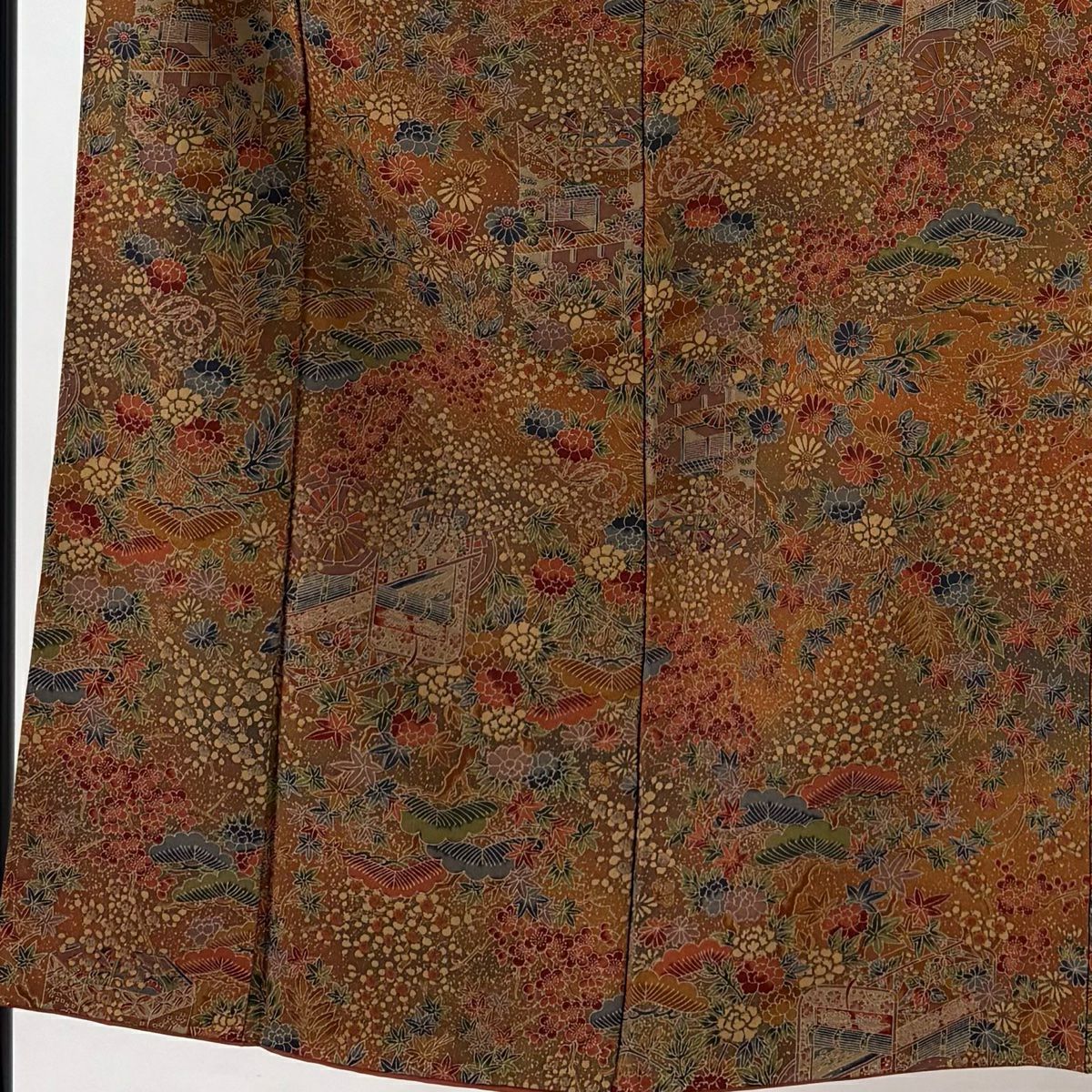 【美品】 小紋 身長153cm 袖長63cm S 雙層 御所車 草花紋 紅茶 純蠶絲 優品級