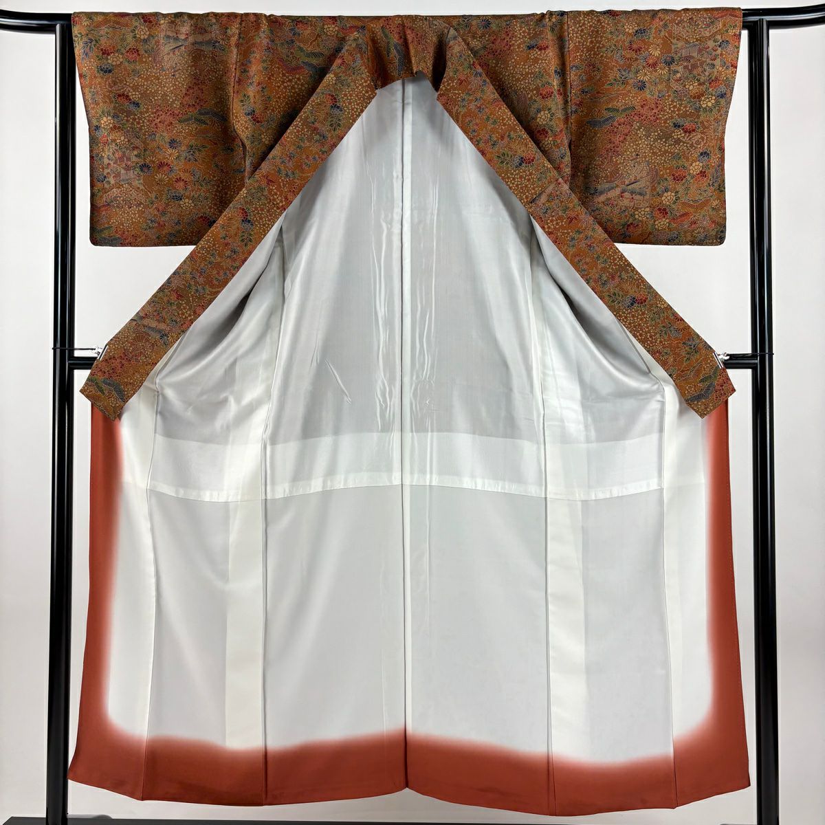 【美品】 小紋 身長153cm 袖長63cm S 雙層 御所車 草花紋 紅茶 純蠶絲 優品級