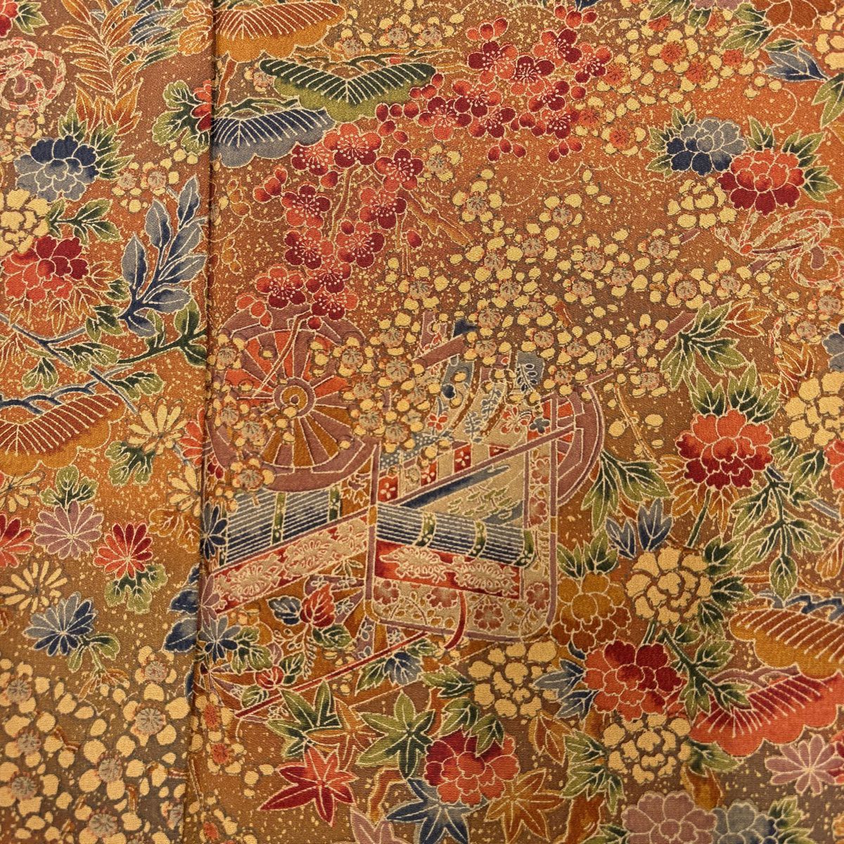 【美品】 小紋 身長153cm 袖長63cm S 雙層 御所車 草花紋 紅茶 純蠶絲 優品級