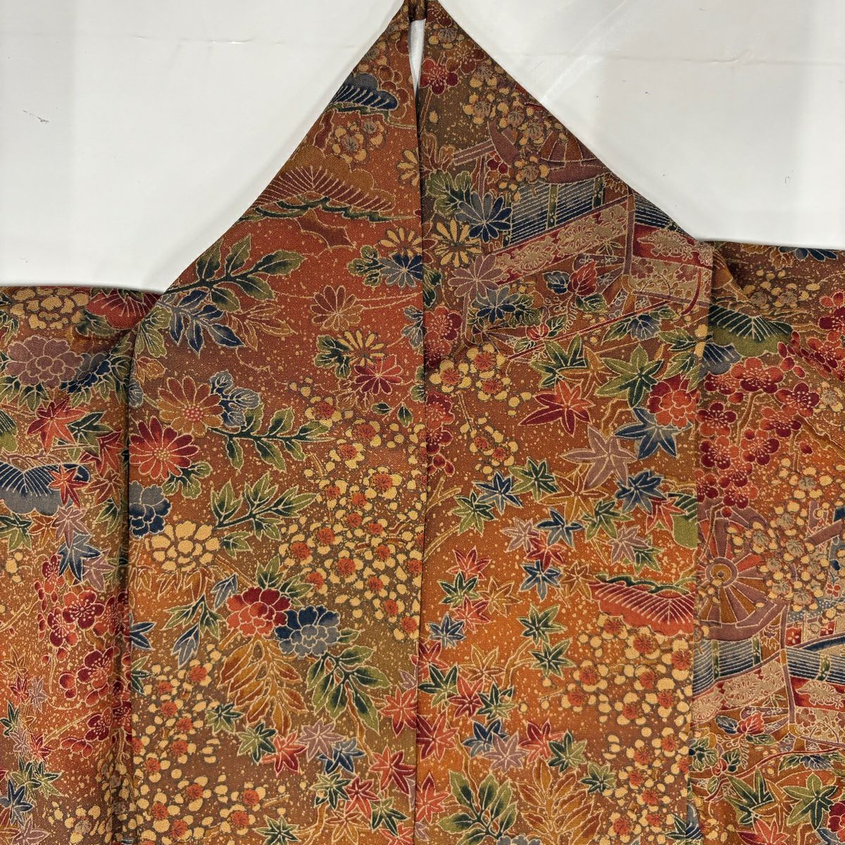 【美品】 小紋 身長153cm 袖長63cm S 雙層 御所車 草花紋 紅茶 純蠶絲 優品級