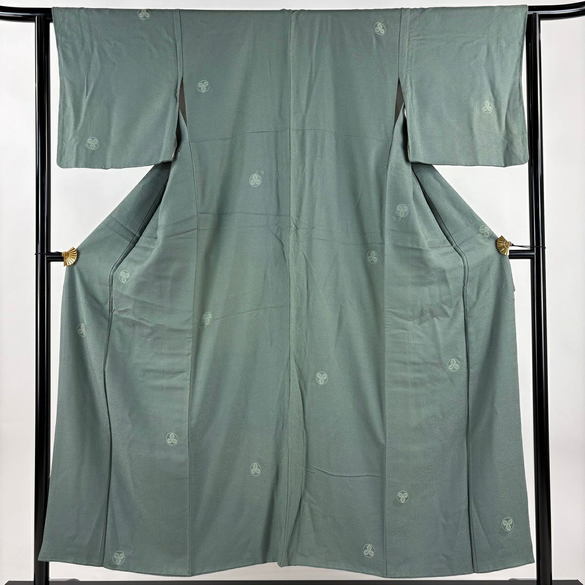 小紋 身長151.5cm 袖長62.5cm S 雙層 葉 灰綠 純蠶絲 優品級