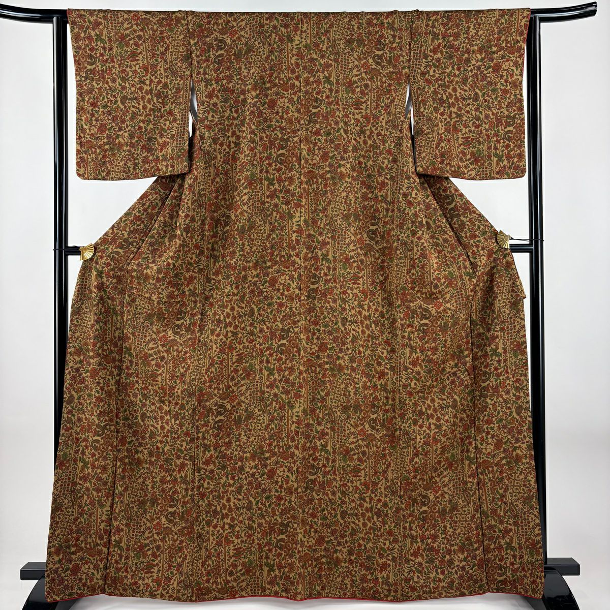【美品】 小紋 身長165cm 袖長64cm M 雙層 草花紋 茶 純蠶絲 優品級