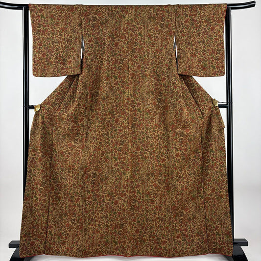 【美品】 小紋 身長165cm 袖長64cm M 雙層 草花紋 茶 純蠶絲 優品級