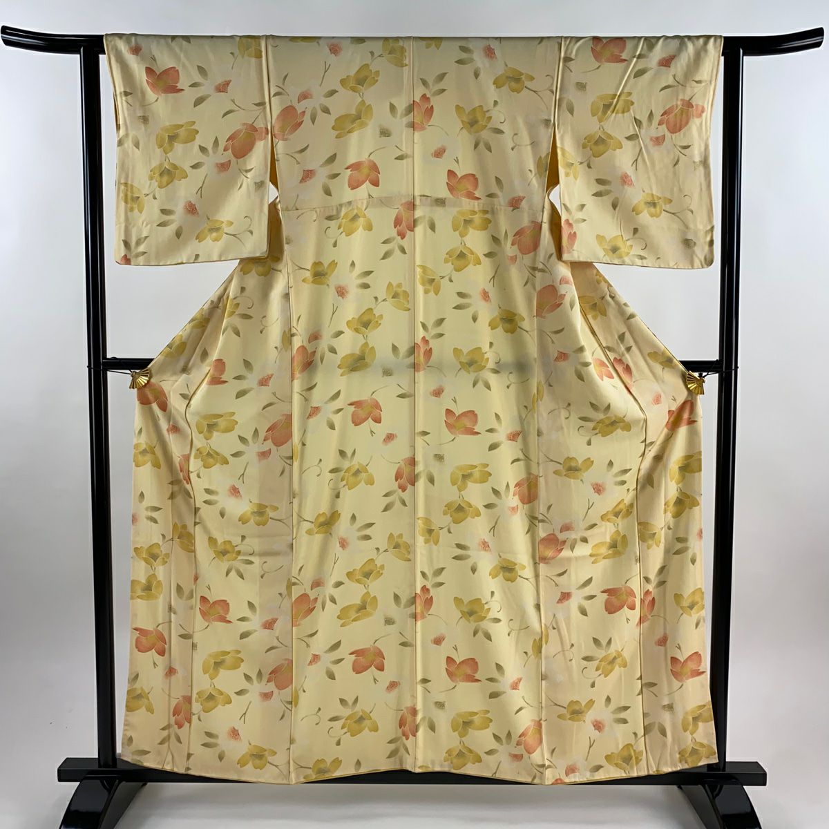 小紋 身長158.5cm 袖長62.5cm S 雙層 枝花 黃色 純蠶絲 優品級