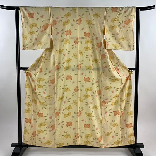 小紋 身長158.5cm 袖長62.5cm S 雙層 枝花 黃色 純蠶絲 優品級
