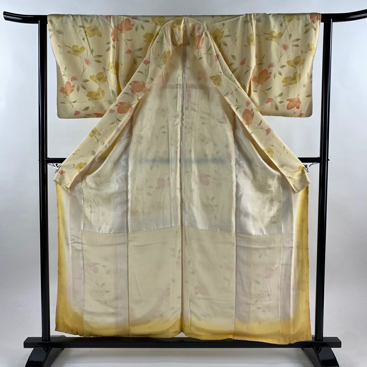 小紋 身長158.5cm 袖長62.5cm S 雙層 枝花 黃色 純蠶絲 優品級