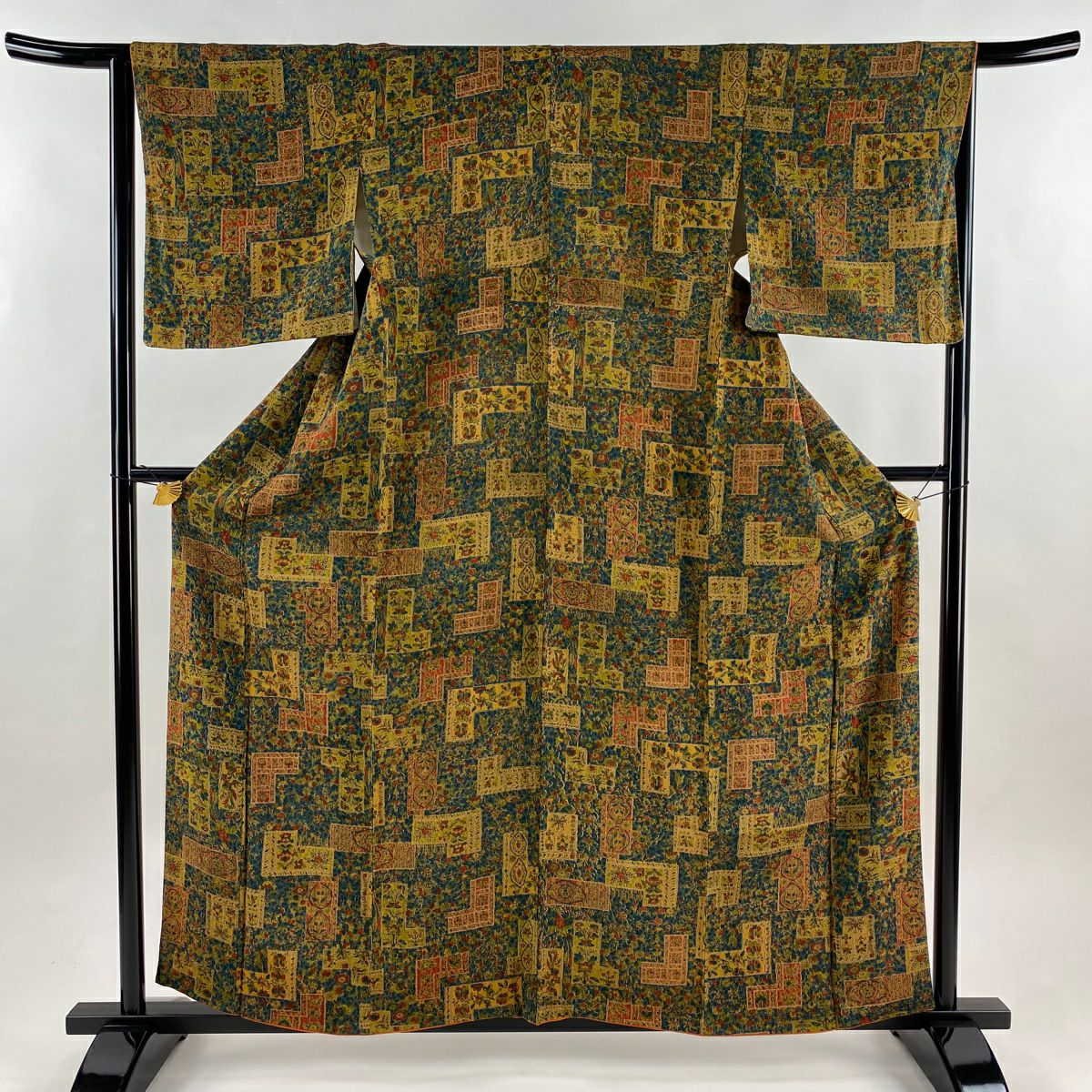 【美品】 小紋 身長159.5cm 袖長65cm M 雙層 草花紋幾何圖案 絞織 深綠 純蠶絲 優品級