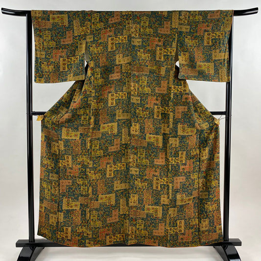 【美品】 小紋 身長159.5cm 袖長65cm M 雙層 草花紋幾何圖案 絞織 深綠 純蠶絲 優品級