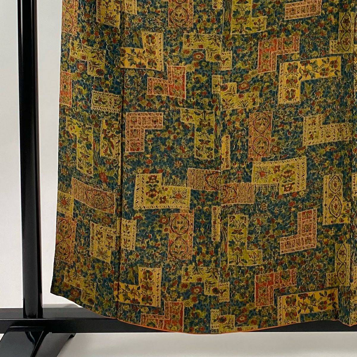 【美品】 小紋 身長159.5cm 袖長65cm M 雙層 草花紋幾何圖案 絞織 深綠 純蠶絲 優品級