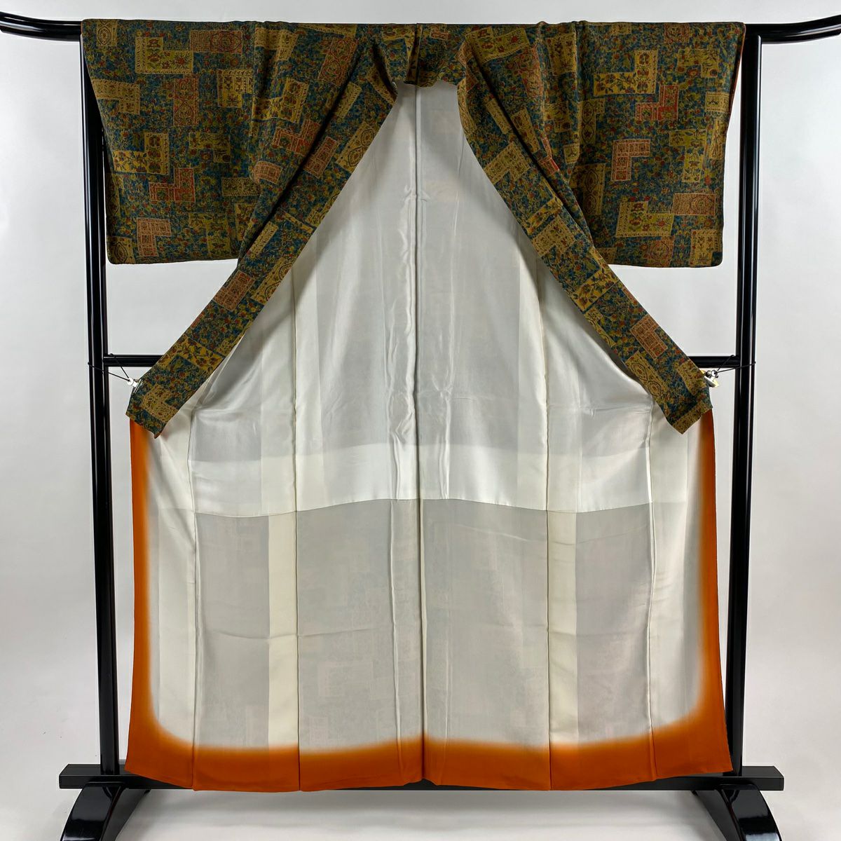 【美品】 小紋 身長159.5cm 袖長65cm M 雙層 草花紋幾何圖案 絞織 深綠 純蠶絲 優品級