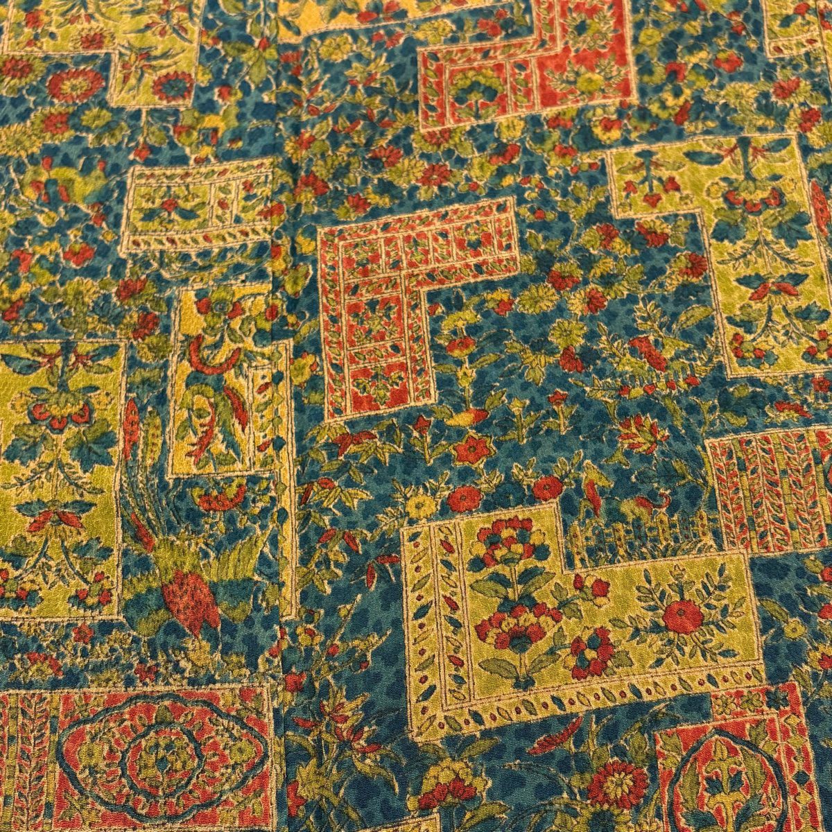 【美品】 小紋 身長159.5cm 袖長65cm M 雙層 草花紋幾何圖案 絞織 深綠 純蠶絲 優品級