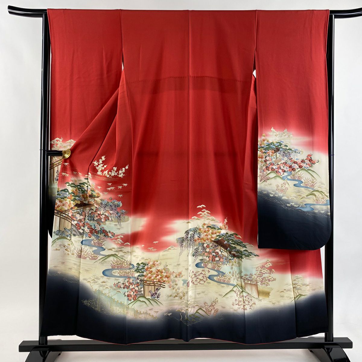 【美品】振袖禮服 身長154.5cm 袖長63.5cm S 雙層 風景 建物 金銀彩 漸層 紅 純蠶絲 優品級